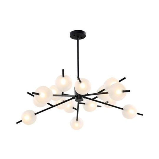 Contemporary Branched Pendant Lamp with 15 Metal Bulbs, Black/Gold Finish and Frosted Glass Shades