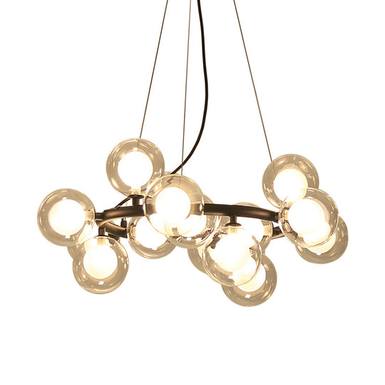 Modern Black Bubbled Wreath Chandelier with Clear and Frosted Glass Shades - 15/25 Bulbs Hanging Ceiling Light