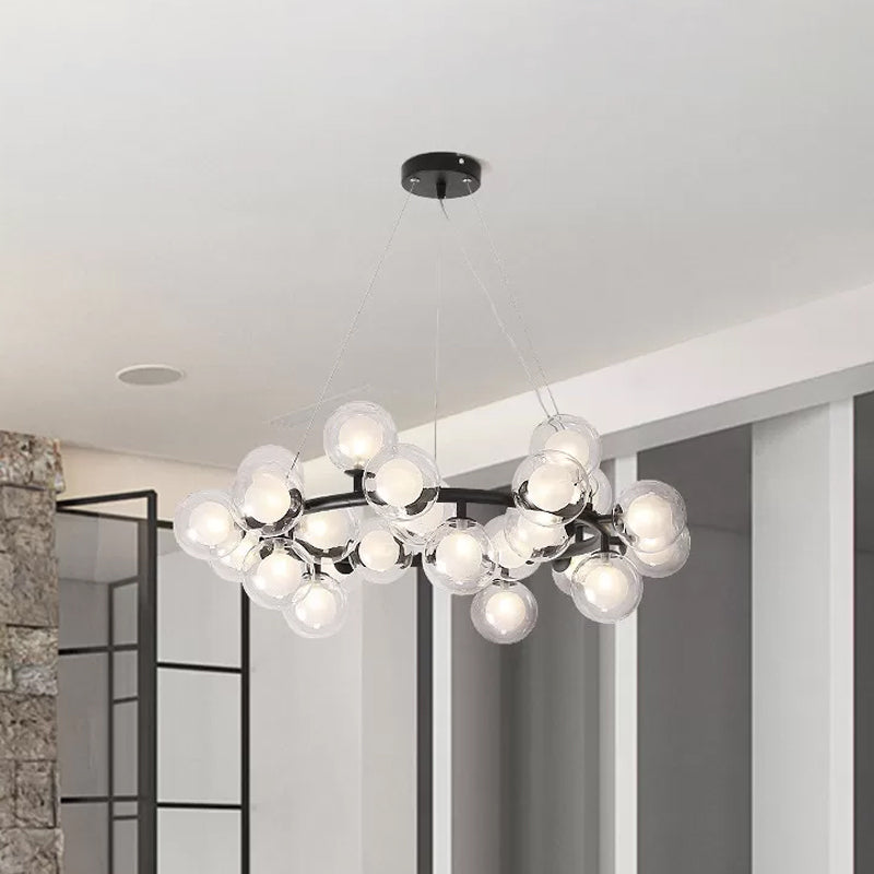 Black Bubbled Wreath Chandelier With Clear And Frosted Glass Shades - Modern 15/25 Bulb Hanging