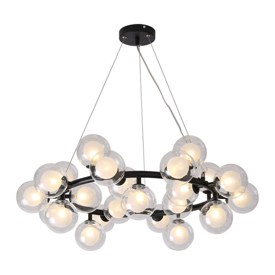 Modern Black Bubbled Wreath Chandelier with Clear and Frosted Glass Shades - 15/25 Bulbs Hanging Ceiling Light
