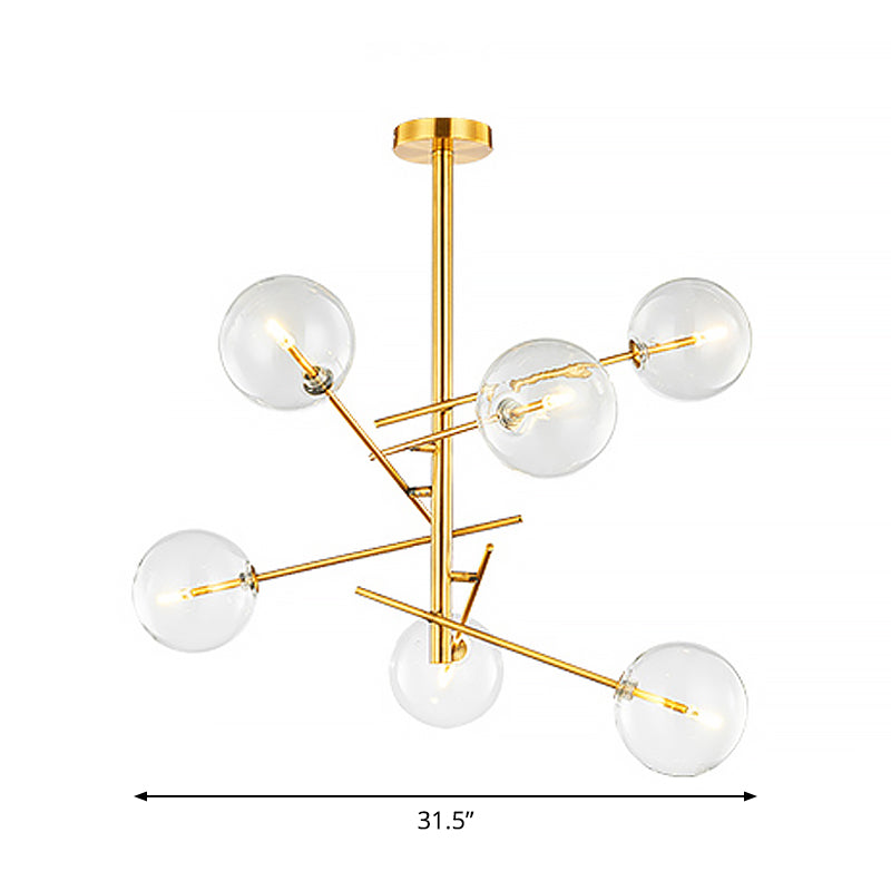 Gold Postmodern Kitchen Bar Chandelier - Clear Glass 6-Bulb Hanging Light