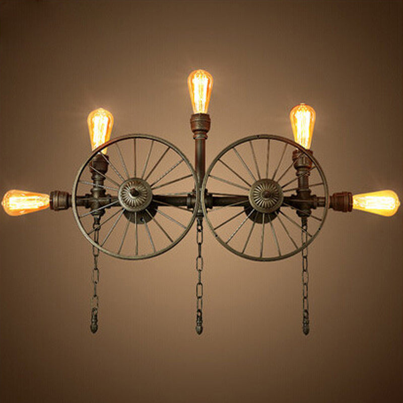 Industrial Iron Wheel Wall Mounted Sconce With Chain And Pipe - Black 1/4/5-Bulb Light 5 /