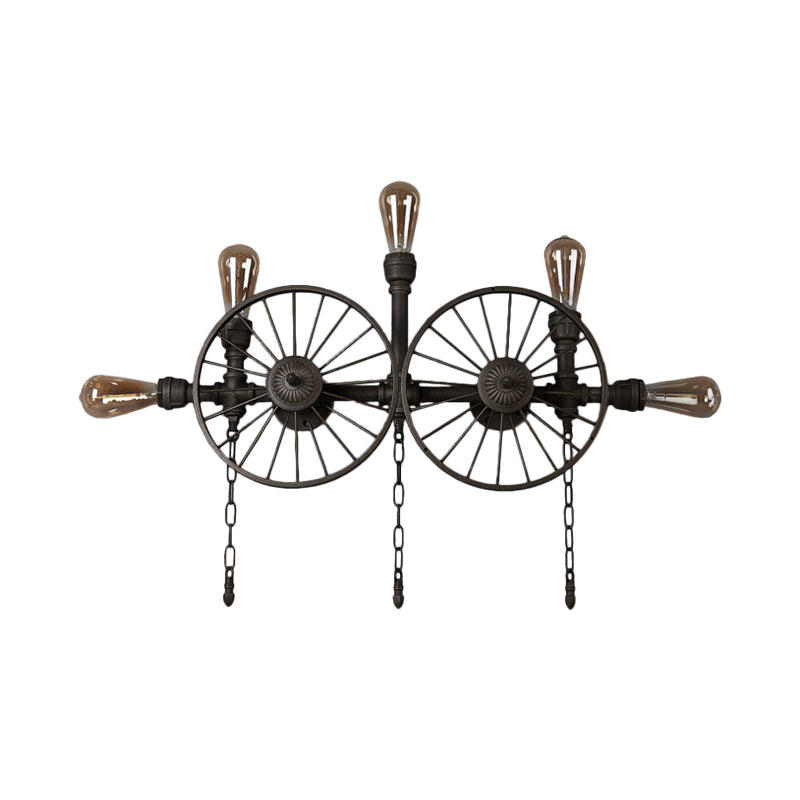Industrial Iron Wheel Wall Mounted Sconce With Chain And Pipe - Black 1/4/5-Bulb Light