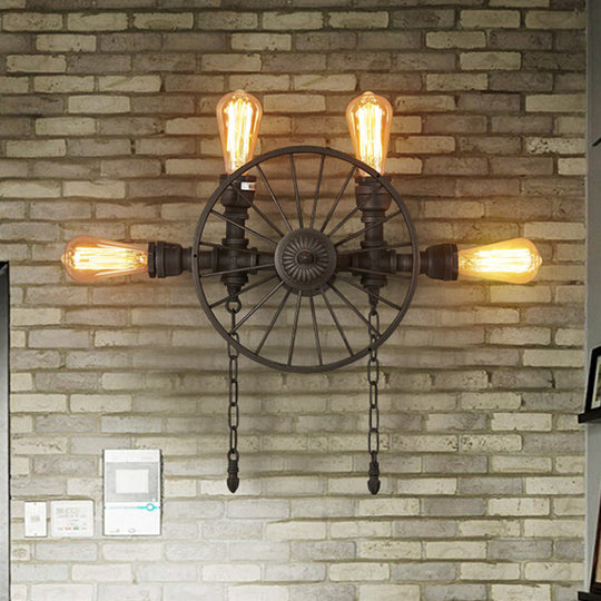 Industrial Iron Wheel Wall Mounted Sconce With Chain And Pipe - Black 1/4/5-Bulb Light 4 /