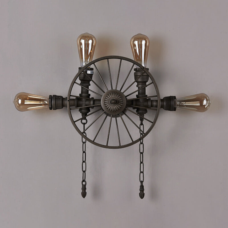 Industrial Iron Wheel Wall Mounted Sconce With Chain And Pipe - Black 1/4/5-Bulb Light