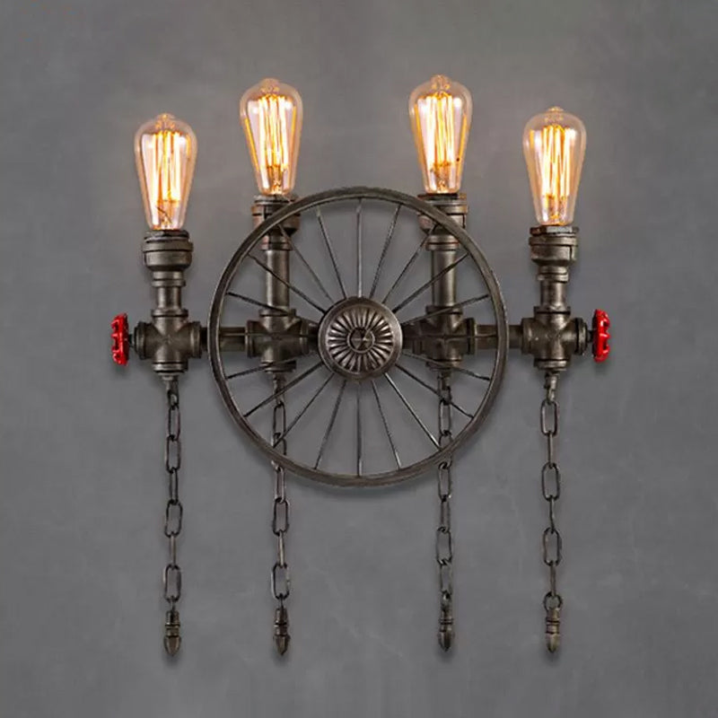Wrought Iron Bistro Wall Light With Decorative Wheel And Chain In Silver/Bronze - 2/4-Light Loft