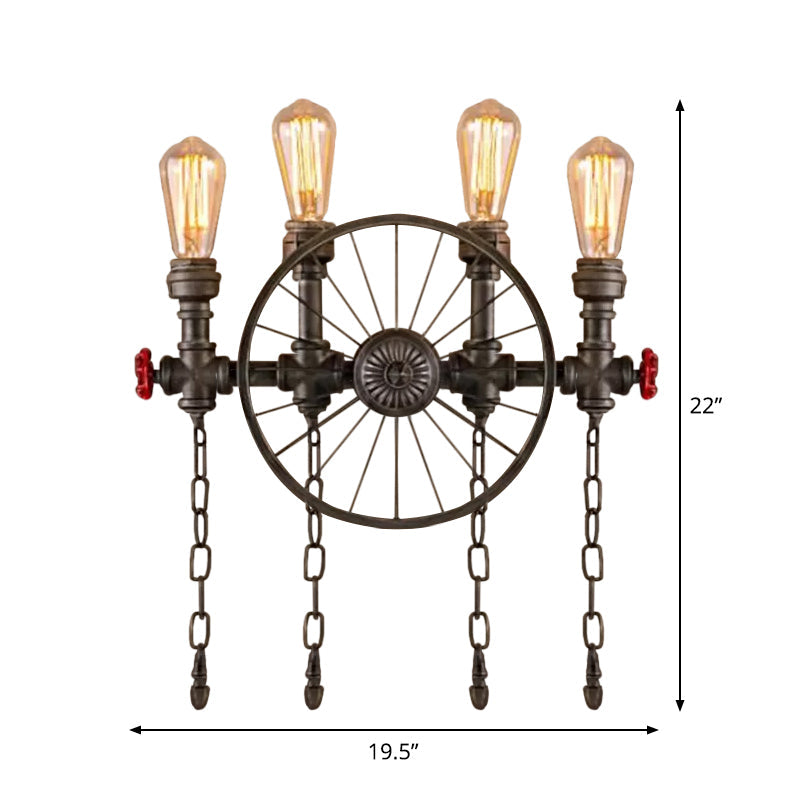 Wrought Iron Bistro Wall Light With Decorative Wheel And Chain In Silver/Bronze - 2/4-Light Loft