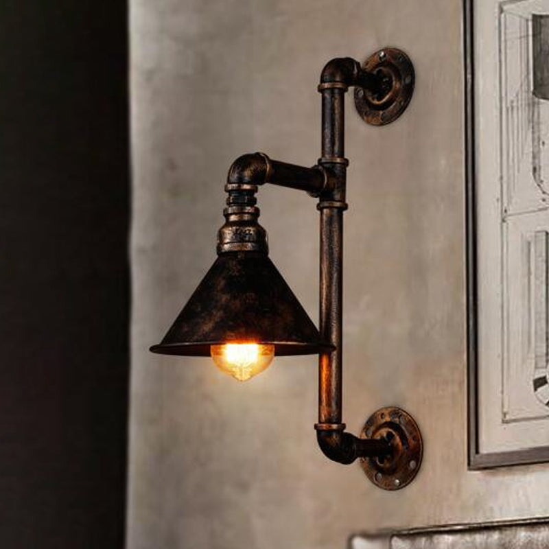 Antique Bronze Wall Lamp With Industrial Conical Design And 1 Head Iron Mount