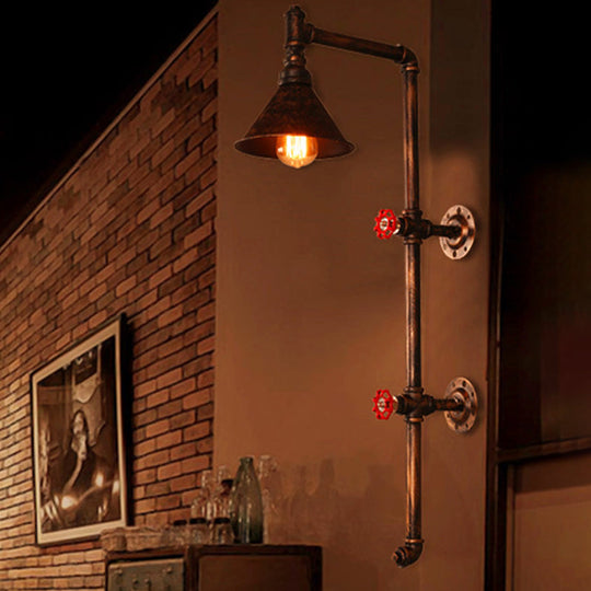 Iron Wall Light Kit - Industrial Single Cone Shade Mount Lamp In Bronze With Valve And Bracket