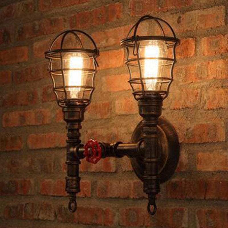 Industrial Style Wall Mounted Lighting With Wire Cage And Bronze Finish - Set Of 2 Bulbs
