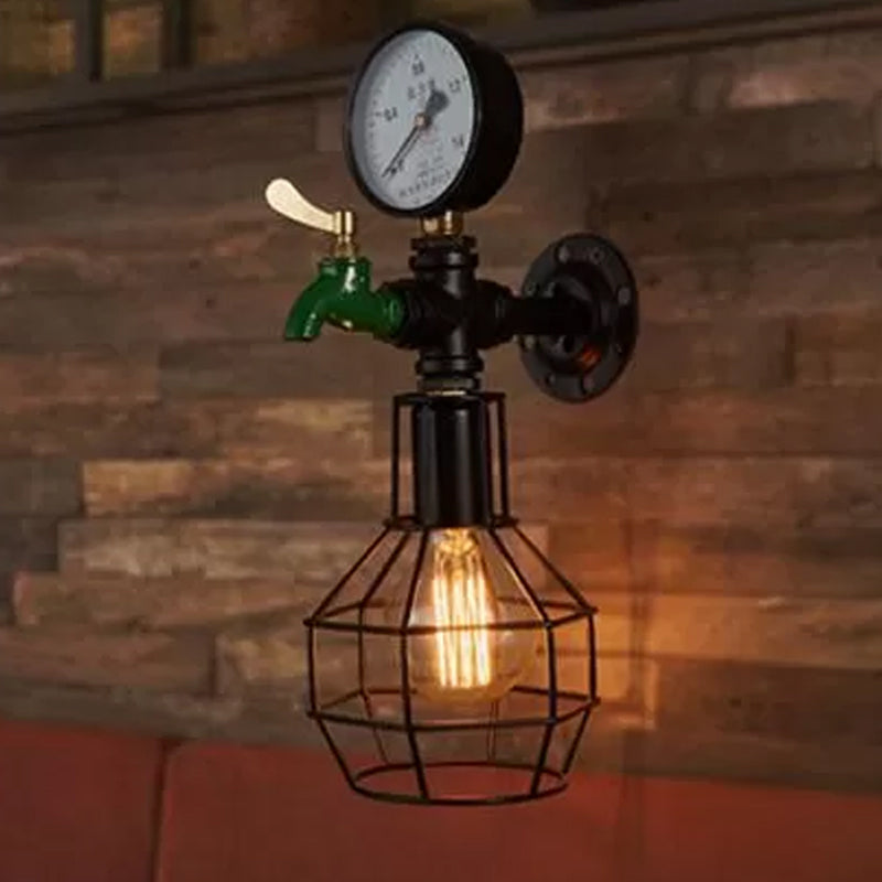Industrial Black And Green Wall Mounted Lamp With Gauge Cage - 1-Light Water-Tap Design