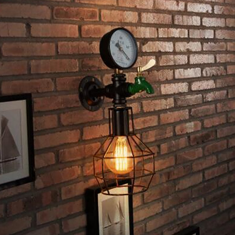 Industrial Black And Green Wall Mounted Lamp With Gauge Cage - 1-Light Water-Tap Design