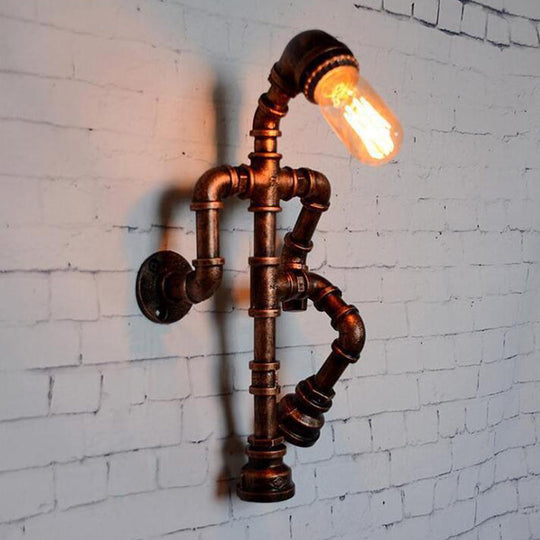 Steampunk Pipe Robot Wall Sconce With Single-Bulb - Wrought Iron Light In Black/Bronze/Copper Copper