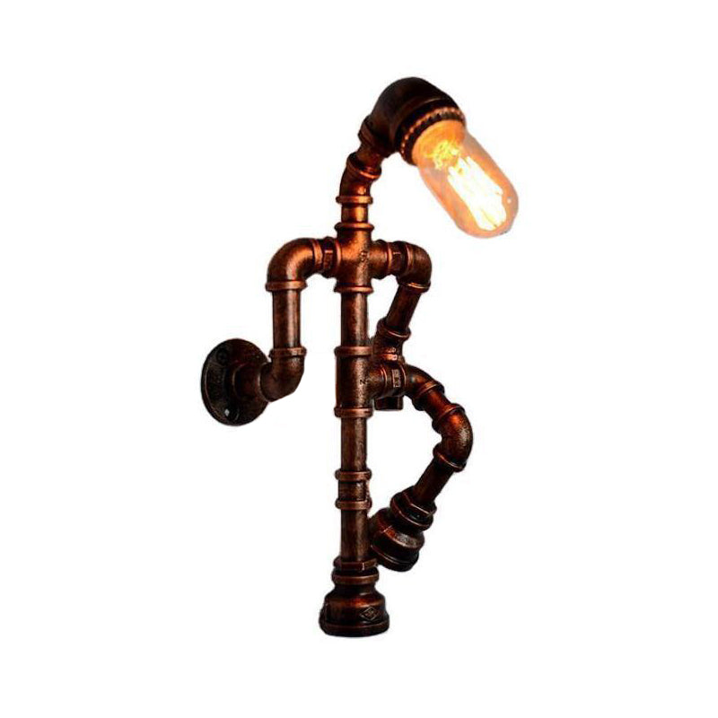 Steampunk Pipe Robot Wall Sconce With Single-Bulb - Wrought Iron Light In Black/Bronze/Copper