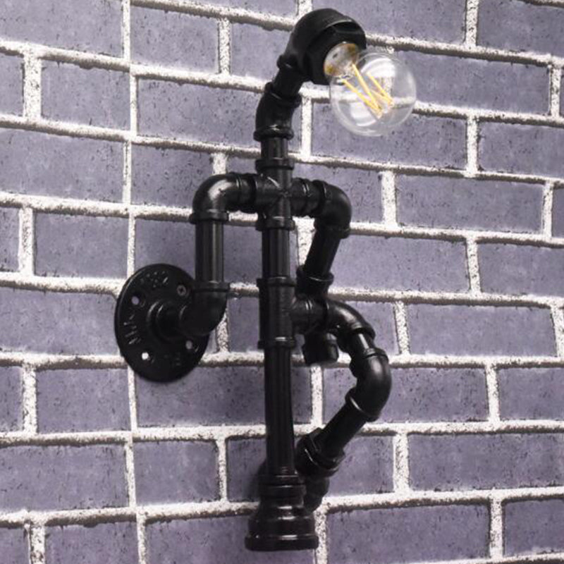 Steampunk Pipe Robot Wall Sconce With Single-Bulb - Wrought Iron Light In Black/Bronze/Copper Black