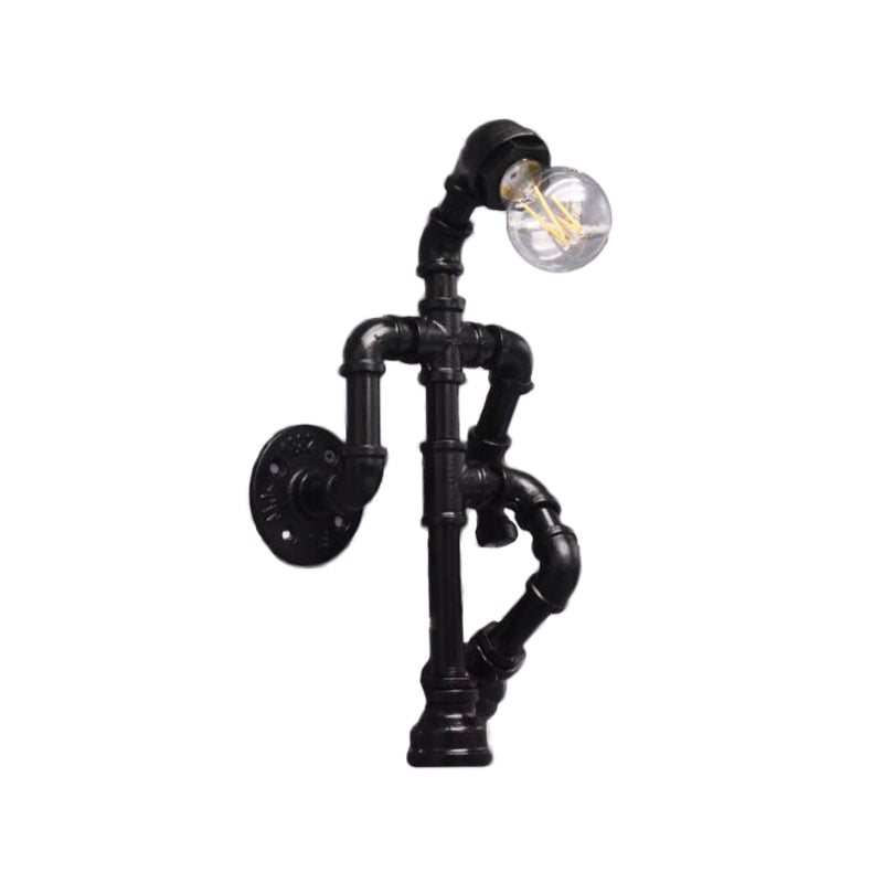 Steampunk Pipe Robot Wall Sconce With Single-Bulb - Wrought Iron Light In Black/Bronze/Copper