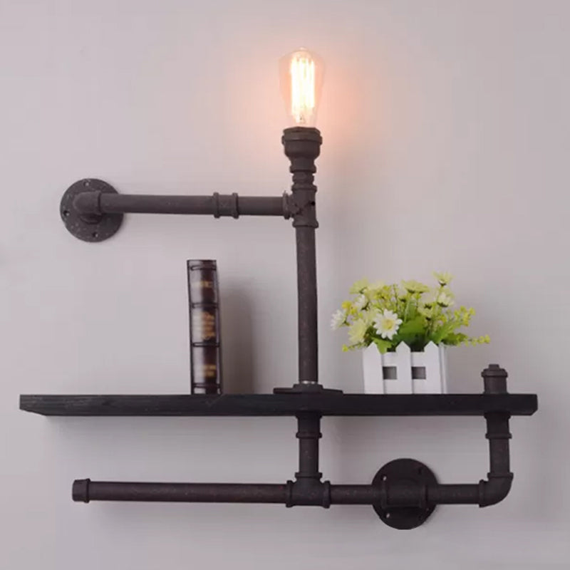 Iron Industrial Wall Mount Lamp For Boys Room: Pipe Rack Design 1-Light Black/Rust Finish Black