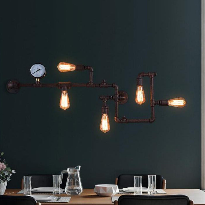 Industrial Antiqued Black/Brass/Rust Wall Light Kit With Decorative Gauge - 5 Bulbs Pipe System