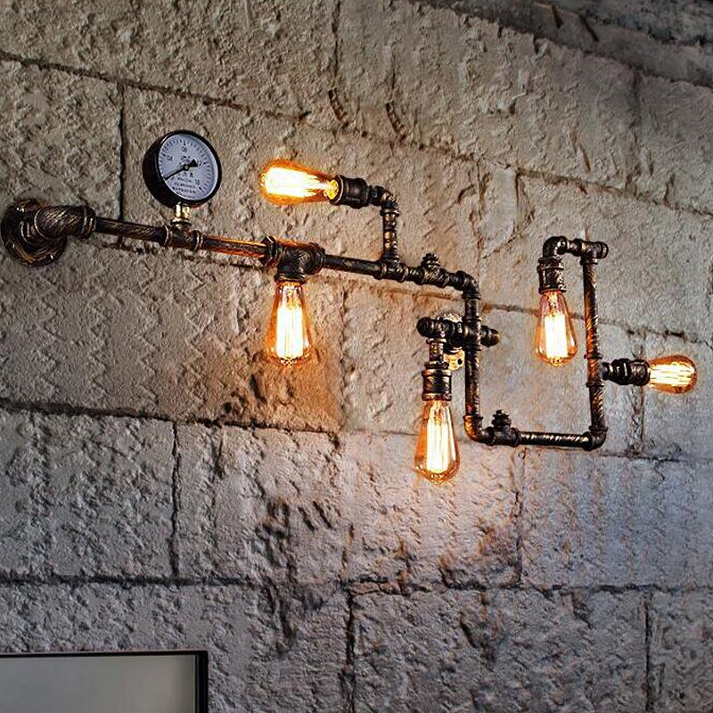 Industrial Rust/Bronze 5-Head Wall Mounted Lamp With Pressure Gauge - Wrought Iron Pipe System