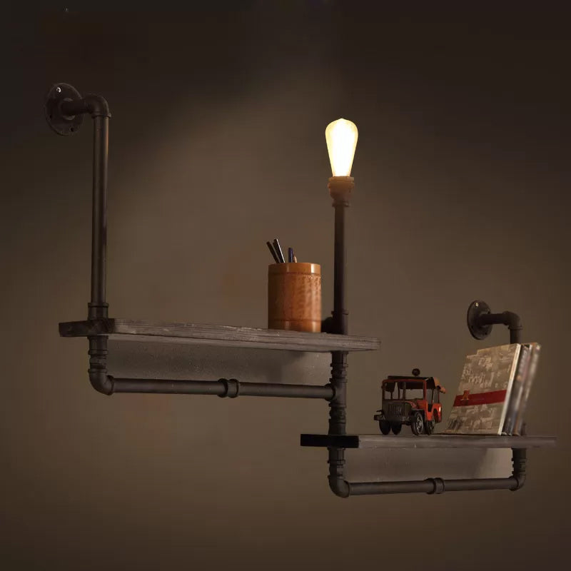 Rustic Black Iron Wall Mounted Pipe Shelf Light 1-Bulb Lighting For Dining Room