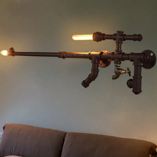 Steampunk Iron Gun Pipe Wall Sconce: Rust/Black 2-Head Bedroom Light Fixture Rust