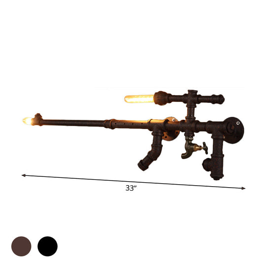 Steampunk Iron Gun Pipe Wall Sconce: Rust/Black 2-Head Bedroom Light Fixture