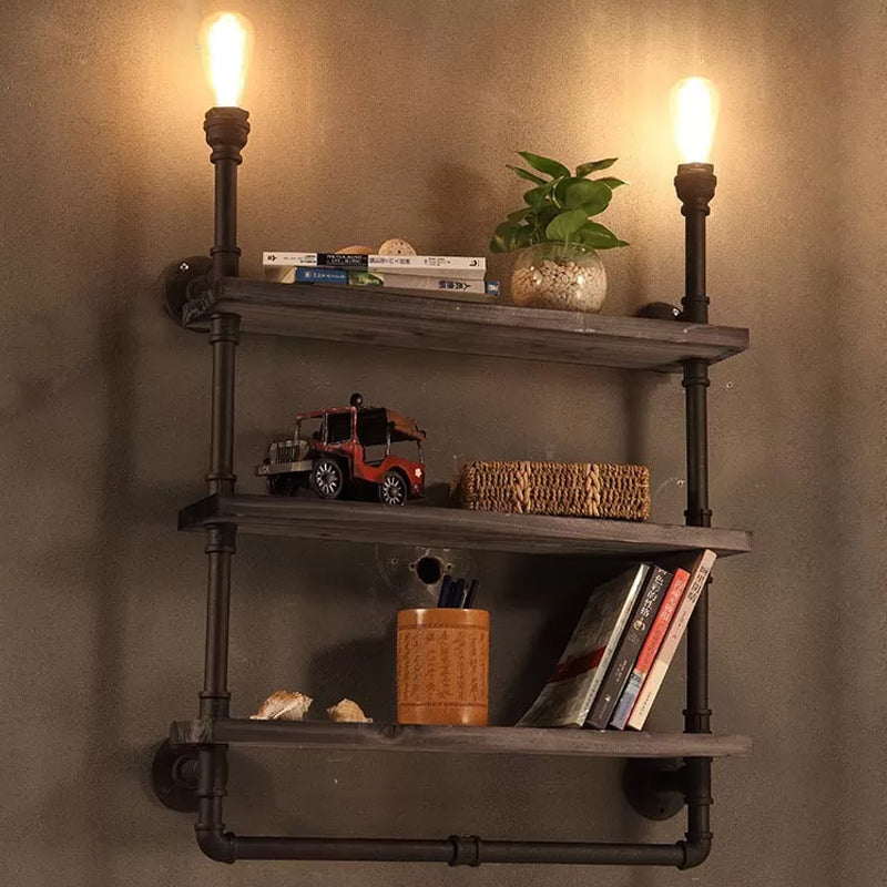Loft Style 3-Tier Pipe Shelf Wall Lamp With Black Iron Finish And 2 Lights