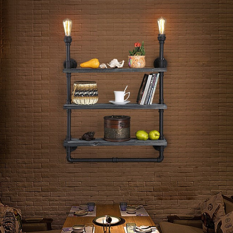 Loft Style 3-Tier Pipe Shelf Wall Lamp With Black Iron Finish And 2 Lights
