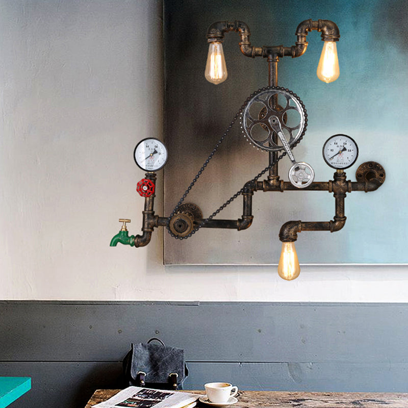 Modern Cyberpunk Iron Wall Sconce With 3 Lights Bronze Faucet Pipe Chainset Design For Garage