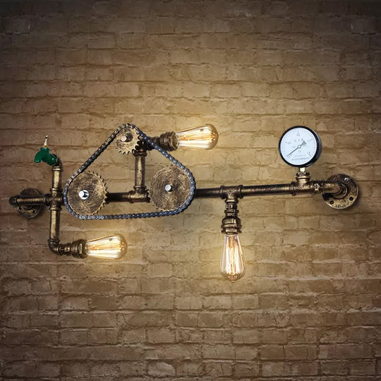 Industrial Style Wrought Iron Wall Light With 3-Bulb Water Pipe Design In Copper/Bronze Bronze