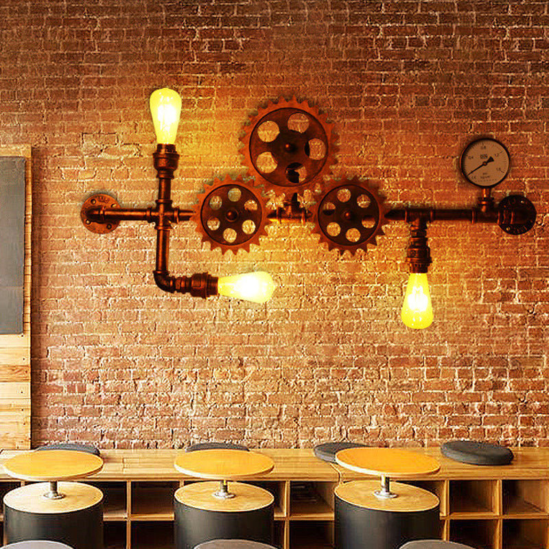 Industrial Style Wrought Iron Wall Light With 3-Bulb Water Pipe Design In Copper/Bronze Copper