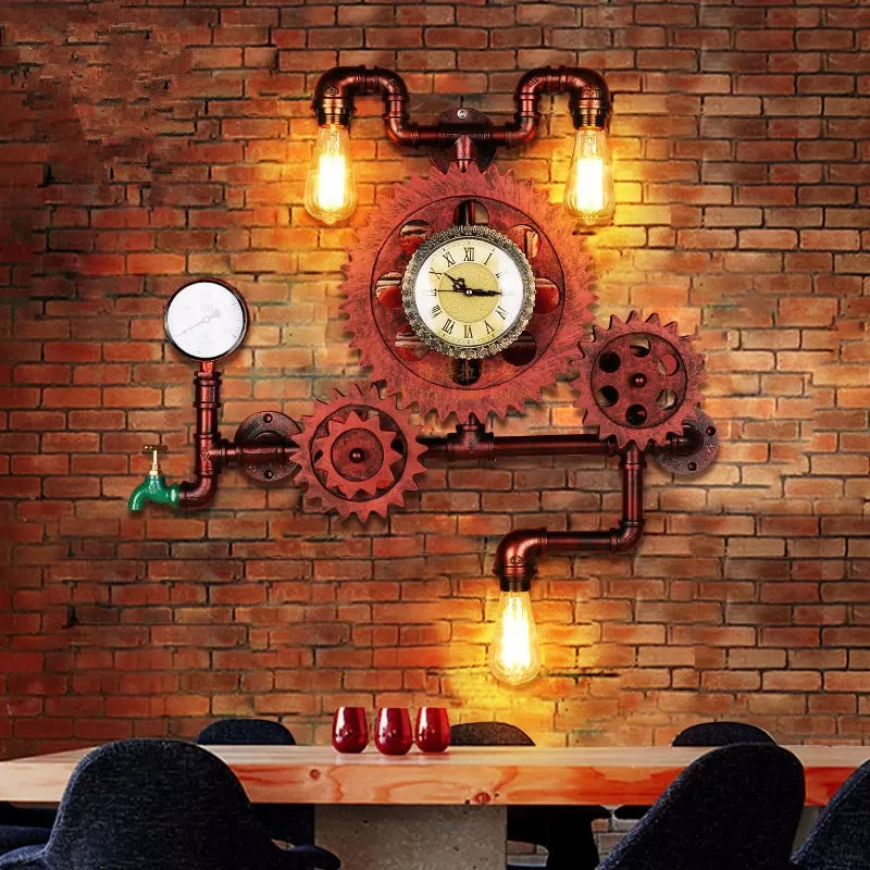 Steampunk 3-Light Wall Mount With Iron Copper Finish And Plumbing Pipe Gear Unique Lighting Idea