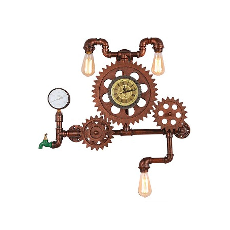 Steampunk 3-Light Wall Mount With Iron Copper Finish And Plumbing Pipe Gear Unique Lighting Idea