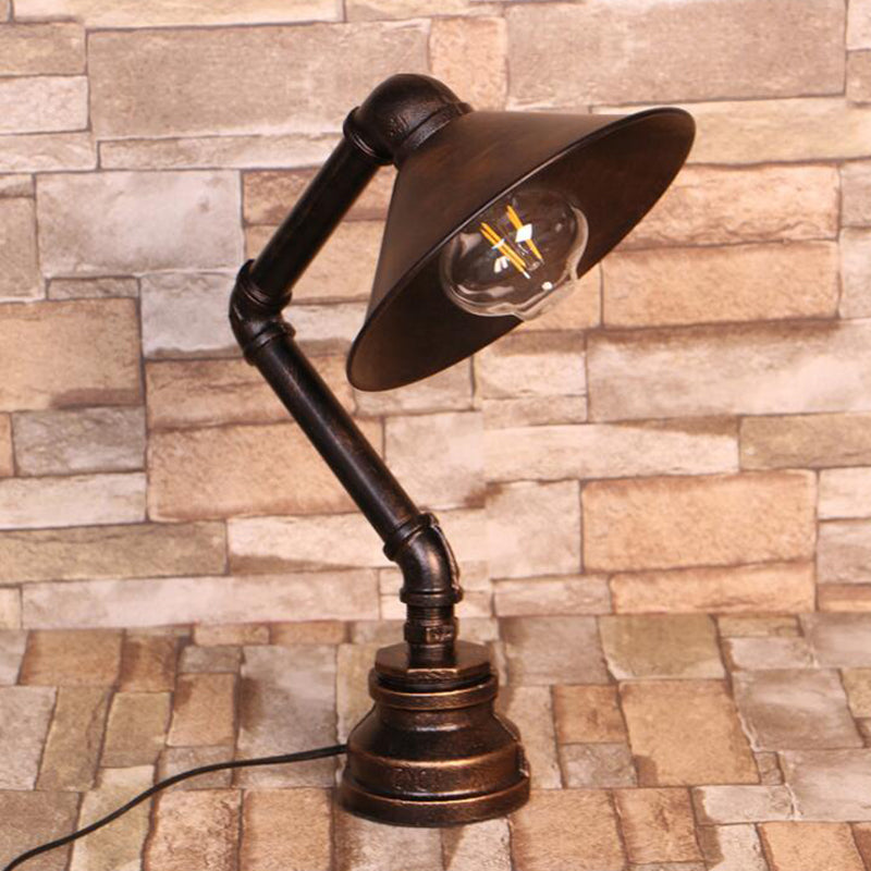 Bent Arm Industrial 1-Light Bedside Table Lamp - Conical Iron Bronze Finish