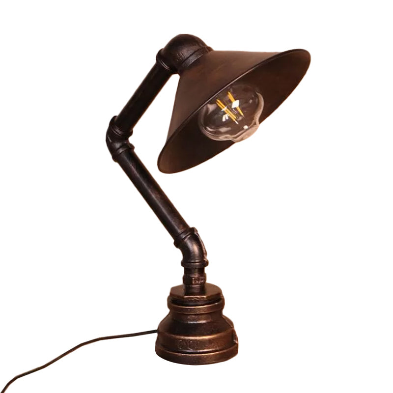 Bent Arm Industrial 1-Light Bedside Table Lamp - Conical Iron Bronze Finish