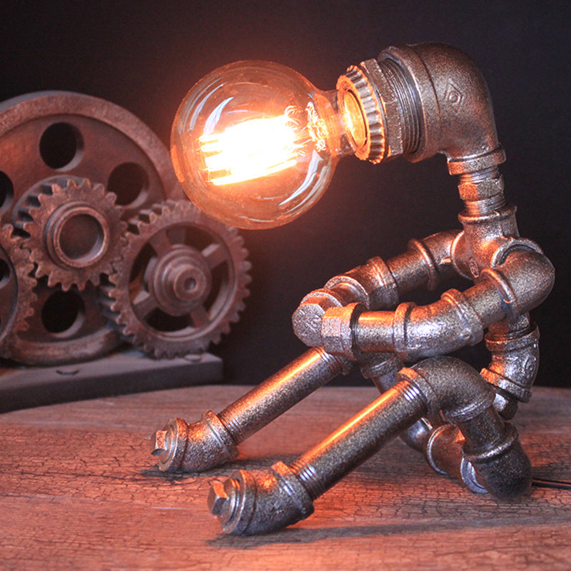 Industrial Nightstand Light: Metallic Silver Table Lighting Robot Pipe With Exposed Bulb Design