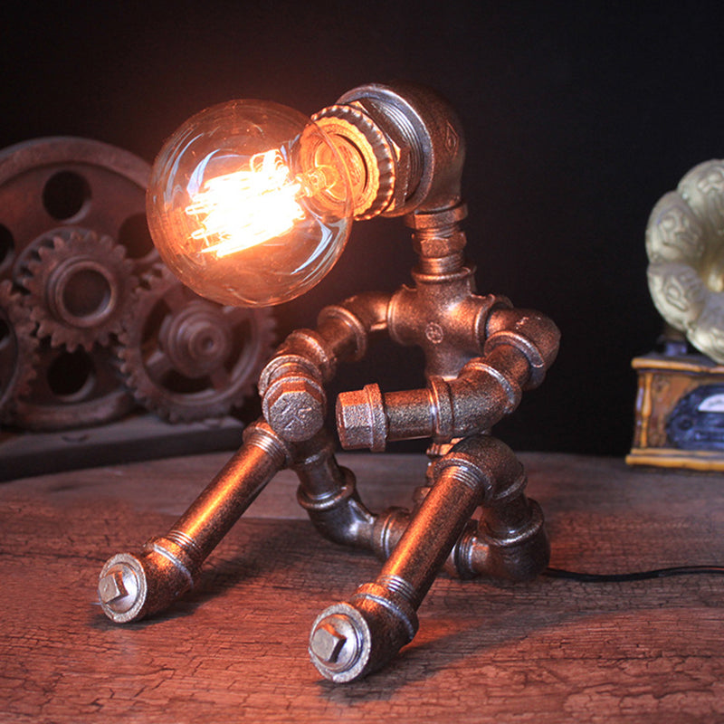 Industrial Nightstand Light: Metallic Silver Table Lighting Robot Pipe With Exposed Bulb Design