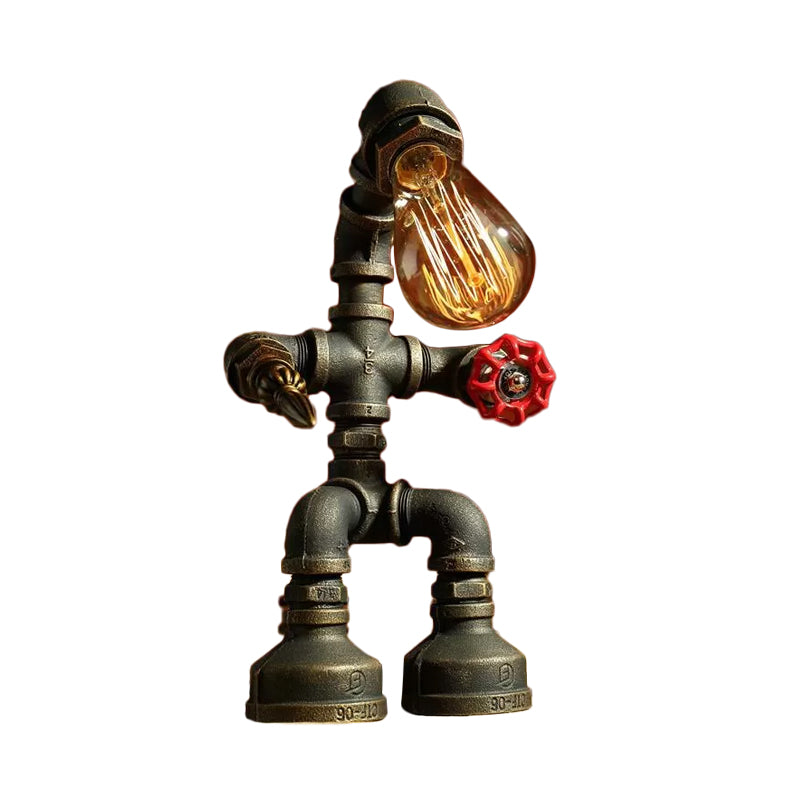 Cyberpunk Iron Pipe Robot Nightstand Lamp - Single-Bulb Brass/Copper Light For Boys Room