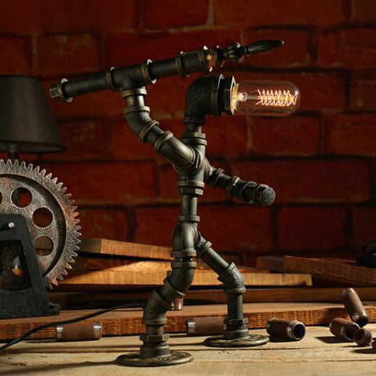 Cyberpunk Iron Pipe Robot Nightstand Lamp - Single-Bulb Brass/Copper Light For Boys Room Brass / C