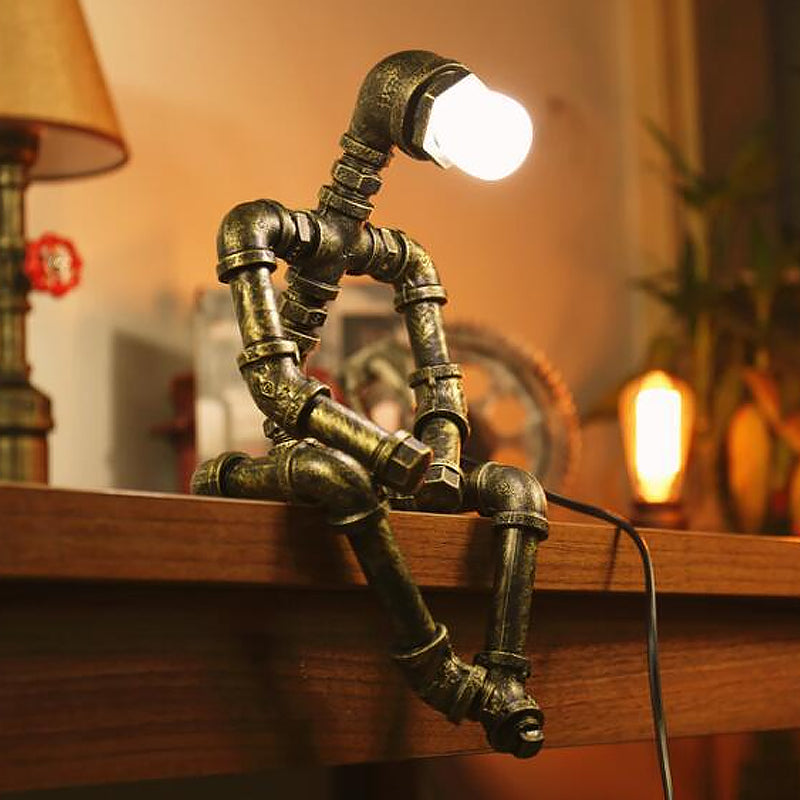 Cyberpunk Iron Pipe Robot Nightstand Lamp - Single-Bulb Brass/Copper Light For Boys Room Brass / F