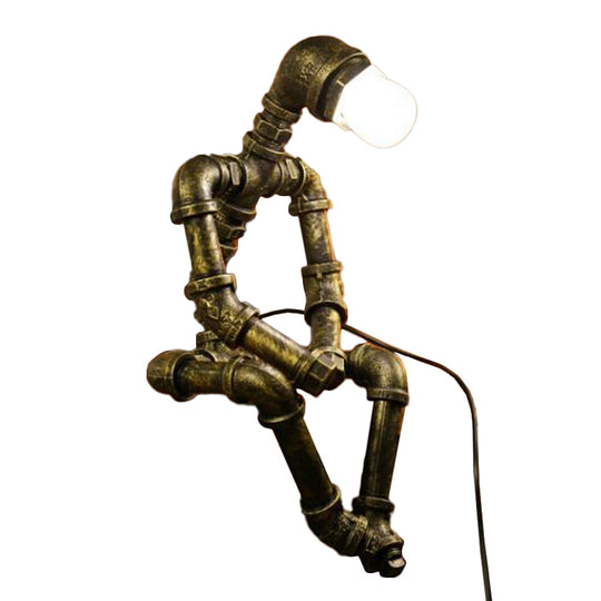 Cyberpunk Iron Pipe Robot Nightstand Lamp - Single-Bulb Brass/Copper Light For Boys Room
