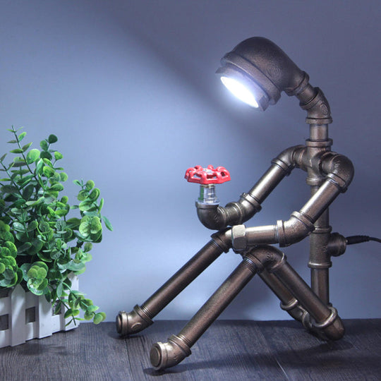 Industrial Iron Pipe-Man Bedside Night Lamp - Silver/Bronze Table Lighting Bronze / White
