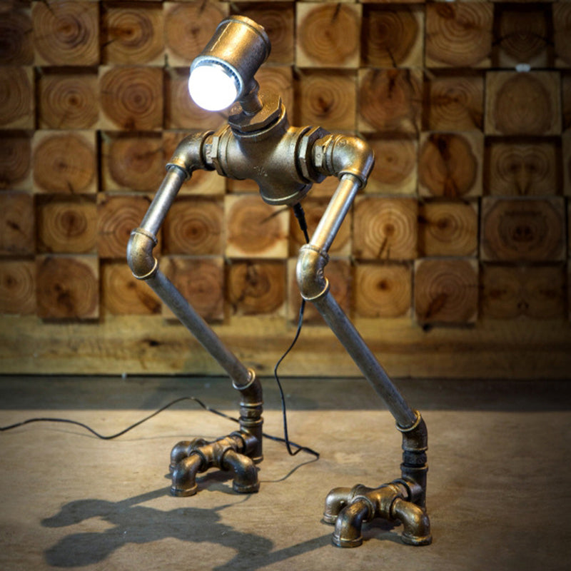 Steampunk Silver Iron Nightstand Lamp: Long-Legged Pipe Man Bedside Table Light With Warm/White