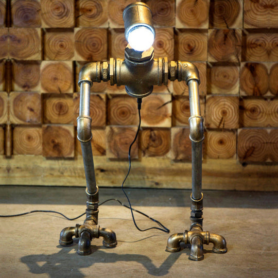 Steampunk Silver Iron Nightstand Lamp: Long-Legged Pipe Man Bedside Table Light With Warm/White
