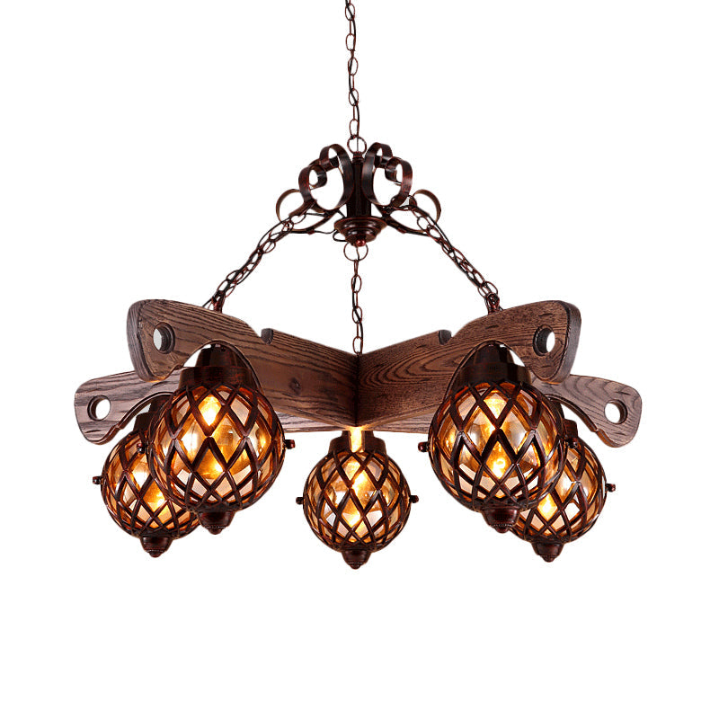 Amber Glass Globe Chandelier with Adjustable Heads in Country Style Black Pendant Light