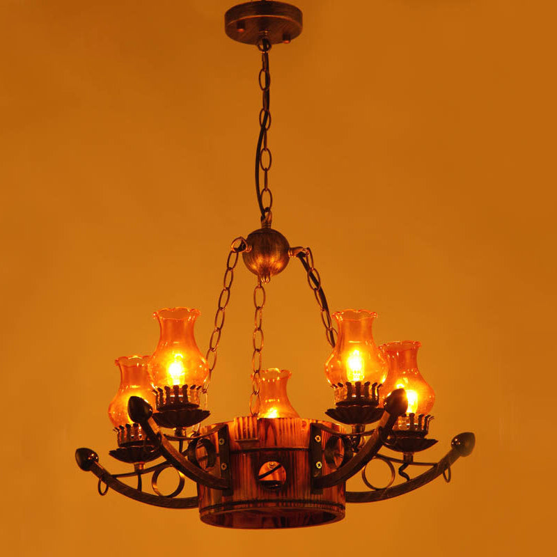 Rustic 3/5-Light Antique Hanging Chandelier With Adjustable Height Amber Glass Oil Lamp