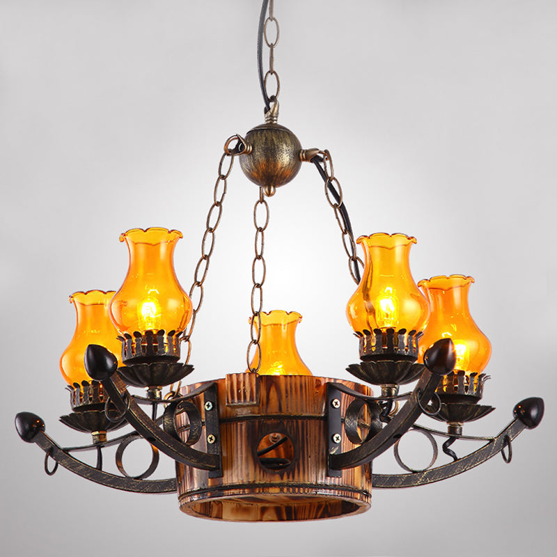 Rustic 3/5-Light Antique Chandelier with Adjustable Height and Amber Glass Oil Lamp