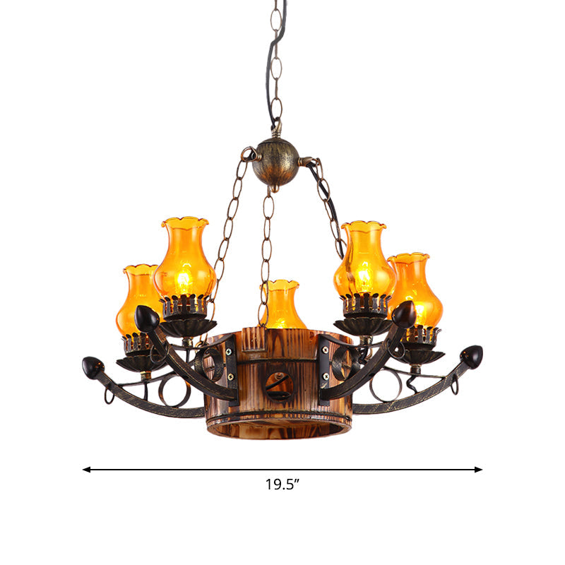 Rustic 3/5-Light Antique Chandelier with Adjustable Height and Amber Glass Oil Lamp