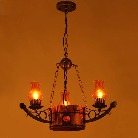 Rustic 3/5-Light Antique Hanging Chandelier With Adjustable Height Amber Glass Oil Lamp