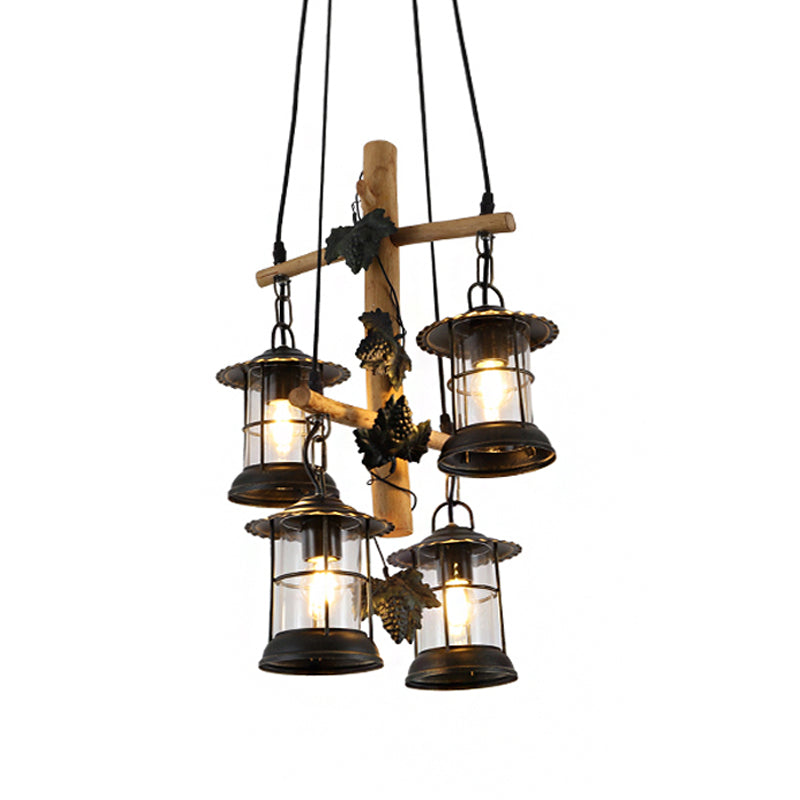 Adjustable 3/4 Lights Industrial Glass Lantern Ceiling Chandelier In Black